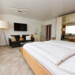Ein Schlafzimmer mit Bett, Sofa, Fernseher und Spiegelschrank.