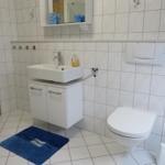 Badezimmer mit Waschbecken, Toilette und blauem Teppich.