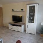 Wohnzimmer mit TV, Schrank und Pflanze.