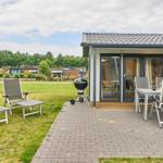 Terrasse mit Grill, Tisch und Stühlen. Hintergrund: Grasfläche und Ferienhäuser.