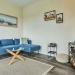 Blauer Sofa, Glas-Tisch, Wandbild und Fernseher im Wohnzimmer.