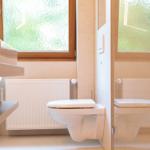 Badezimmer mit Toilette, Waschbecken und Dusche. Fenster mit grünem Blick.