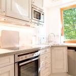 Küche mit Dunstabzug, Spüle, Herd und Fenster mit Blick auf Bäume.