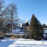 Schneebedeckter Garten mit Blick auf schneebedeckte Berge und Häuser.