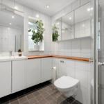 Badezimmer mit Dusche, Waschbecken und Toilette. Holz-Arbeitsplatte und Pflanze.