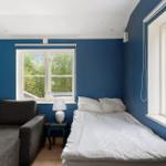 Zimmer mit blauen Wänden, Bett, Sofa und Fenstern.