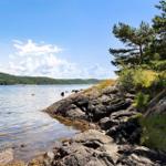 Steiniger Uferbereich mit Blick auf ruhiges Wasser und bewaldete Inseln unter blauem Himmel.