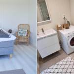 Schlafzimmer mit Bett und Stuhl. Badezimmer mit Waschmaschine und Spiegel.