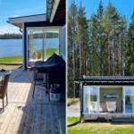 Hütte am See mit Terrasse, Grill und Blick auf Wald.