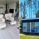 Wohnbereich mit Sitzgruppe und TV. Schwarze Hütte mit Glasfront im Wald.