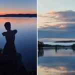 Silhouette einer Statue am See bei Sonnenuntergang und Morgennebel über dem Wasser.