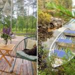 Terrasse mit Sitzgelegenheiten und Blick auf Wald. Boot liegt am Ufer eines Sees.