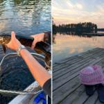 Fischer hält einen Bachsaibling. Holzsteg mit Mütze und Schuhen am Seeufer.