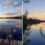 Zwei Bilder zeigen einen See bei Sonnenuntergang mit Bootshafen und Bäumen.