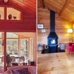 Holzhaus mit Essbereich und Kamin im Wohnzimmer.