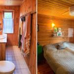 Badezimmer mit Holzwand und Toilette. Schlafzimmer mit Bett und Holzwand.