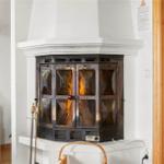 A wood-burning stove with fire in a living room with red sofa.