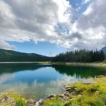 Ein ruhiger See mit grüner Umgebung und Bergen im Hintergrund.