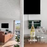 Wohnzimmer mit Sofa und Fernseher. Tisch mit Wein, Gläsern und Karten.