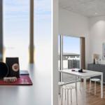 Tisch mit Würfeln und Spielzeug vor großem Fenster. Essbereich mit Tisch, Stühlen und Schrank.