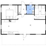 Wohnung mit Küche, Bad und zwei Schlafzimmern. Flur und Wohnbereich sind offen.