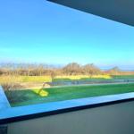 Blick von Balkon auf Grünfläche und Bäume unter blauem Himmel