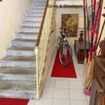 Hallway with stairs and bike stand. Red carpets and wooden furniture.