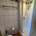 Badezimmer mit Dusche, Toilette und Handtuchhalter.