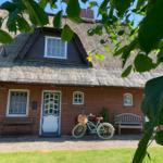 Haus mit Strohdach, Tür und Fahrrad vorne. Bänke und Gras sichtbar.