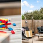 Terrasse mit Sofa, Tisch und Spielzeug für Kinder.