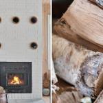 Kamin mit Brennholz und weißen Ziegelwänden. Holzscheite für den Kamin.