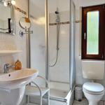 Badezimmer mit Dusche, Waschbecken und Toilette. Fenster mit Holzrahmen.