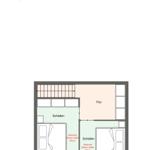 Zweibettzimmer mit Flur und Treppe zur oberen Etage.