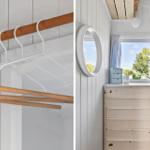 Closet with wooden rods and white hangers. Bedroom with dresser, mirror, and bunk bed.
