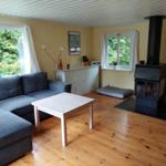 Wohnzimmer mit Sofa, Tisch und Kaminofen. Holzboden und Fenster mit Blick auf Bäume.