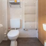 Badezimmer mit Toilette, Handtuchwärmer und Waschbecken.