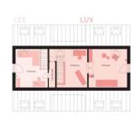 Dieser Grundriss zeigt zwei Wohnungen mit Treppenhaus und Dachbodenbereich.