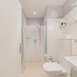 Badezimmer mit Dusche, Toilette und Waschbecken. Duschwand aus Glas. Handtuch und Blume auf Regal.