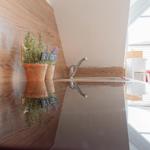 Küchenbereich mit Spüle, Pflanzen und Fenster.