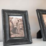 Two framed photos of Highland cattle stand on a surface.