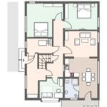 The apartment has two bedrooms, a kitchen, a bathroom, and a living kitchen.