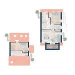 Zwei Etagen mit Schlafzimmer, Küche und Bad. Außenbereich mit Terrasse.