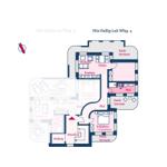 Floor plan of apartment with kitchen, living, dining, bathroom, and two bedrooms.