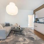 Wohn- und Küchenbereich mit Sofa, Tisch und moderner Beleuchtung.