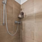 Dusche mit Edelstahlbrause und Handbrause, braune Fliesen, Duschablage mit Handtuch und Flaschen.