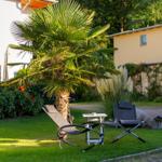 Garten mit Palme, Liegestühlen und Blumen. Hinterhof mit Pflanzen und Stein.