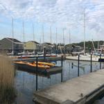 Hafen mit Booten und Steg. Hintergrund: Hausboote und Bäume.