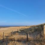 Sandstrand mit Dünen und Holzpfostenzaun unter blauem Himmel