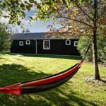 A red hammock suspended before a dark wooden house with green lawn.