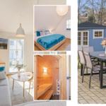 Wohnzimmer mit Sofa, Schlafzimmer mit Bett, Sauna und Terrasse mit Tisch und Stühlen.